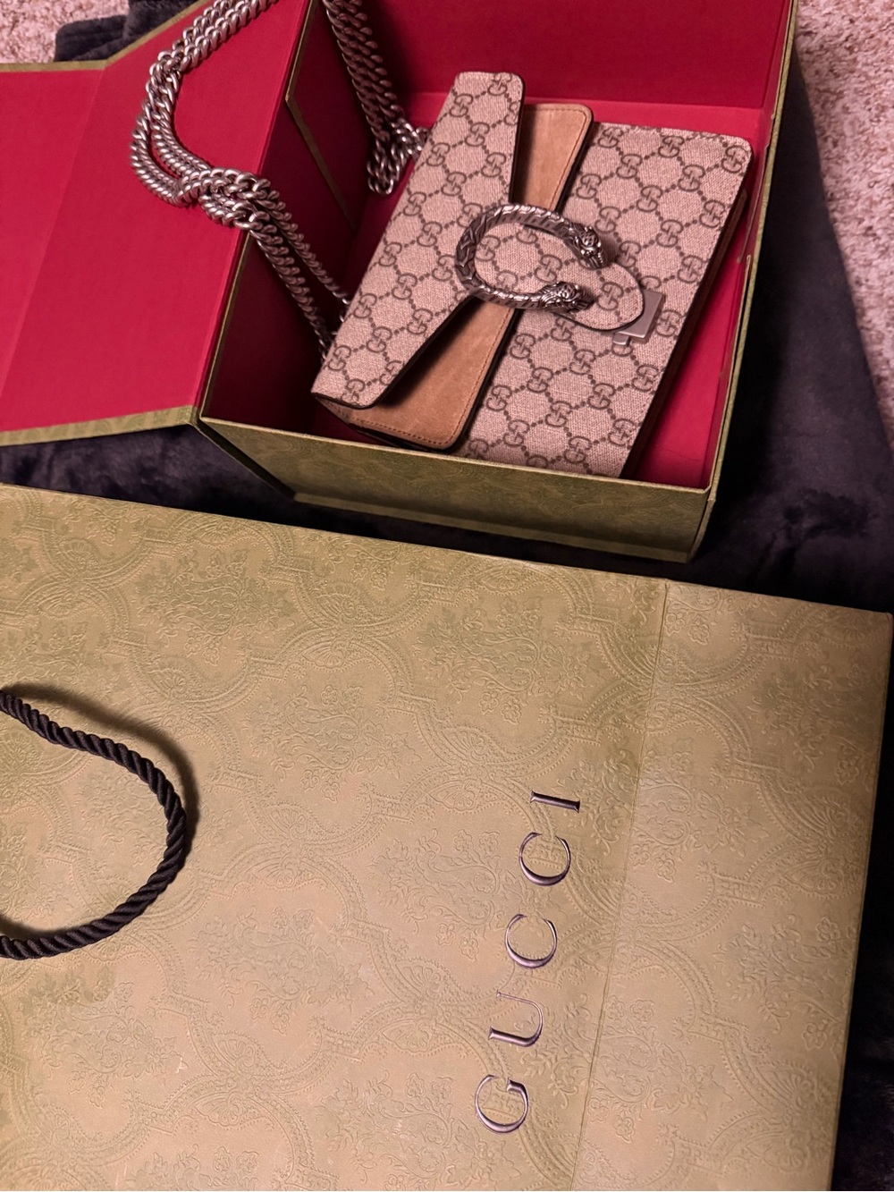 Gucci Beige Dionysus GG Supreme Leather Canvas Crossbody with Silver Chain